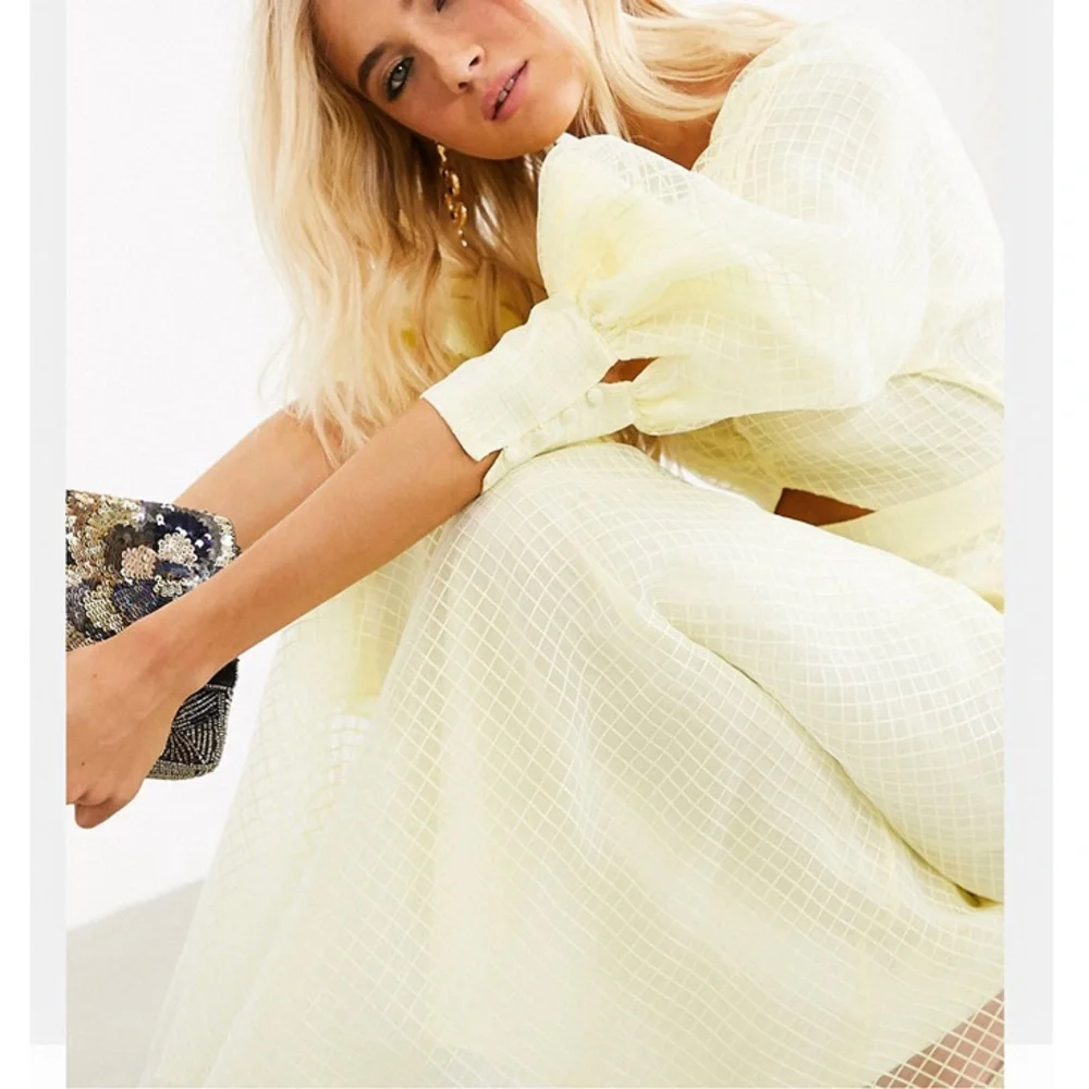 ASOS Pale Yellow Midi Dress with Puff Sleeves - Picture 2 of 8